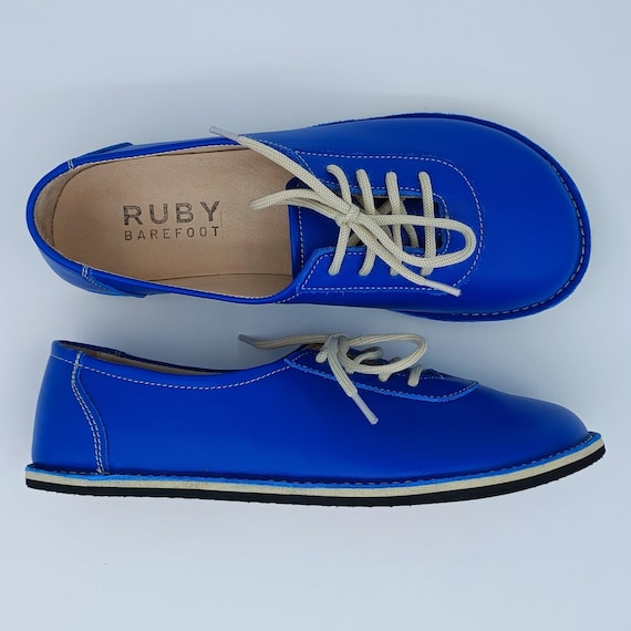 Blue Leather Barefoot Shoes: Wide Toe, Minimalist Lace-Up Sneakers