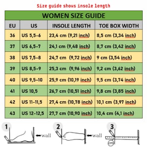 Peut inclure: Un guide des tailles de chaussures pour femmes, avec des mesures en centim&egrave;tres et en pouces. Le tableau comprend les tailles EU et US, la longueur de la semelle int&eacute;rieure (23,4 cm &agrave; 27,7 cm) et la largeur du bout du pied (8,5 cm &agrave; 10,4 cm).