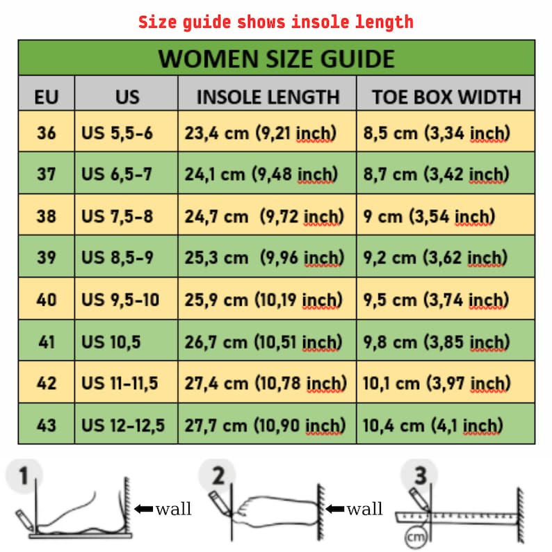 Peut inclure: Un guide des tailles de chaussures pour femmes, avec des mesures en centim&egrave;tres et en pouces. Le tableau comprend les tailles EU et US, la longueur de la semelle int&eacute;rieure (23,4 cm &agrave; 27,7 cm) et la largeur du bout du pied (8,5 cm &agrave; 10,4 cm).