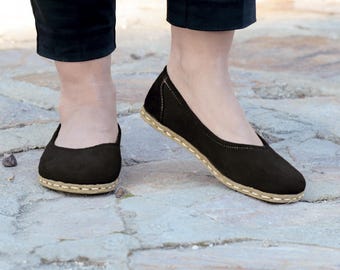 Copper Earthing Leather Barefoot Shoes, Black Suede Flats with Grounding Sole, Wide Toe Box