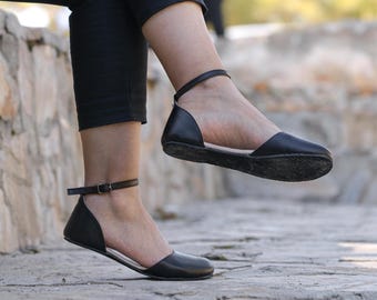 Mary Jane Barefoot Sandals, Minimalist Shoes, Black Leather Sandal, Wide Sandals For Women