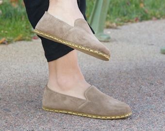 Barefoot Grounding Shoes, Leather Sole, Copper Earthing, Taupe Genuine Suede Leather
