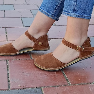 Sustainable Barefoot Sandals, Minimalist Shoes, Womens Mary Janes, Suede Leather Brown Sandals