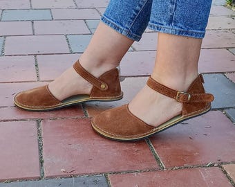 Sustainable Barefoot Sandals, Minimalist Shoes, Womens Mary Janes, Suede Leather Brown Sandals