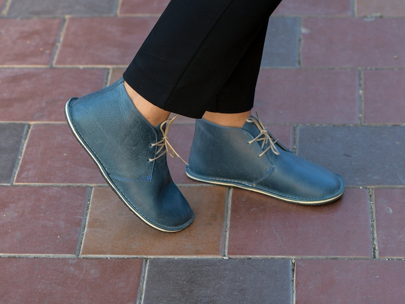 Blue barefoot ankle lace up boots