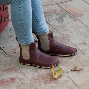 Handmade Burgundy Leather Chelsea Boots: Wide Toe, Barefoot Winter Shoes