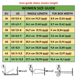 May include: A chart showing women's shoe sizes in US and EU sizes, along with the corresponding insole length and toe box width in centimetres and inches. The chart is labelled "Women Size Guide".