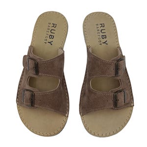Barefoot Leather Suedee Taupe Slippers, Sustainable Barefoot Sandals, Wide Slipper For Women
