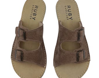 Barefoot Leather Suedee Taupe Slippers, Sustainable Barefoot Sandals, Wide Slipper For Women