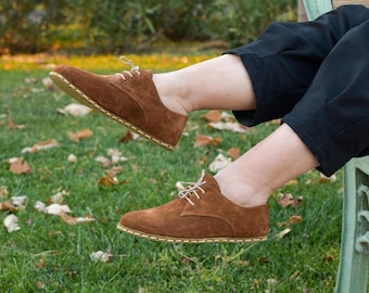 Womens Brown Grounding Barefoot Oxford Shoes, Suede Genuine Leather, Copper Earthing