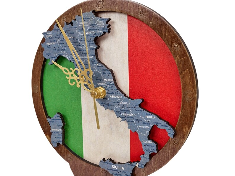 Gold Hands of Table Clock, Wooden 3D Desk Clocks, Map of Italy, Desk