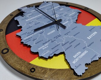 Wall Clock and Germany Map, Ethnical Wall Clocks, Office Decor, Designer's clocks, Wooden Clock, Oversized wall clock, Silent wall clock