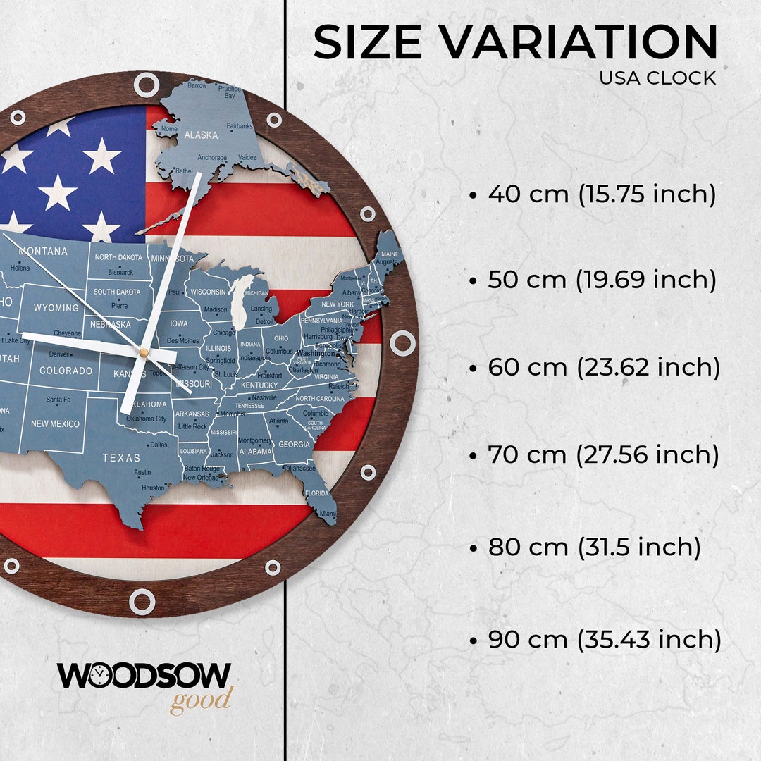 Laser Cut Map of the USA With States and Big Cities, Wall Clock With