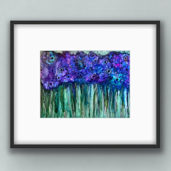 Abstract Landscape Painting, Purple and Green Forest: Fine Art Giclee Print,   Fluid Watercolor Alcohol Ink Art, 11x14 Matted Painting