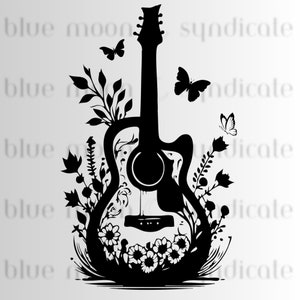 Vlinder Floral Akoestische Gitaar Vector Grafische / Transparante PNG / Laser Cut File Digitale Download