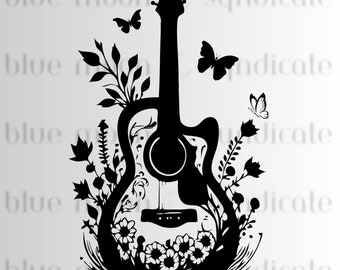 Gráfico vectorial de guitarra acústica floral de mariposa / PNG transparente / Archivo de corte láser Descarga digital