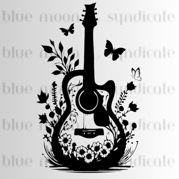 Butterfly Floral Acoustic Guitar Vector Graphic / Transparent PNG / Laser Cut File Digital Download