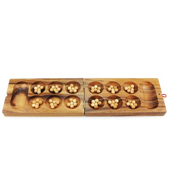 TOWO Wooden Mancala Board Game - Folding Board With 48 Natural Stone Pebbles, Strategy Game For Families & Kids