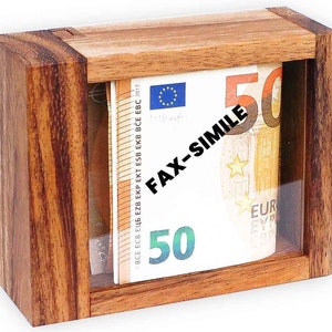 May include: A wooden box with a clear plastic window, displaying a 50 Euro note. The note is a replica and has the text "FAX-SIMILE" printed on it. The box is made of dark wood with a natural grain pattern.
