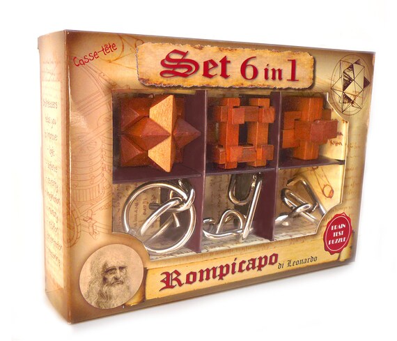 Set 6 in 1 - Set Rompicapo in Legno e Metallo - 3 Rompicapo in Legno + 3 in Ferro - Cofanetto Leonardo da Vinci