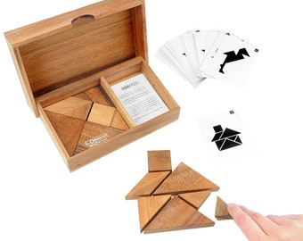 Double Tangram - Wooden Brain Teaser - 65 Puzzles in 1 - Card Box - Puzzle for 1 or 2 Players - Euclide Collection