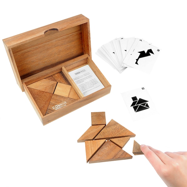 Double Tangram - Houten geometrische puzzel - 65 figuren in 1 - Educatief spel voor 1/2 spelers - Hersluitbare doos