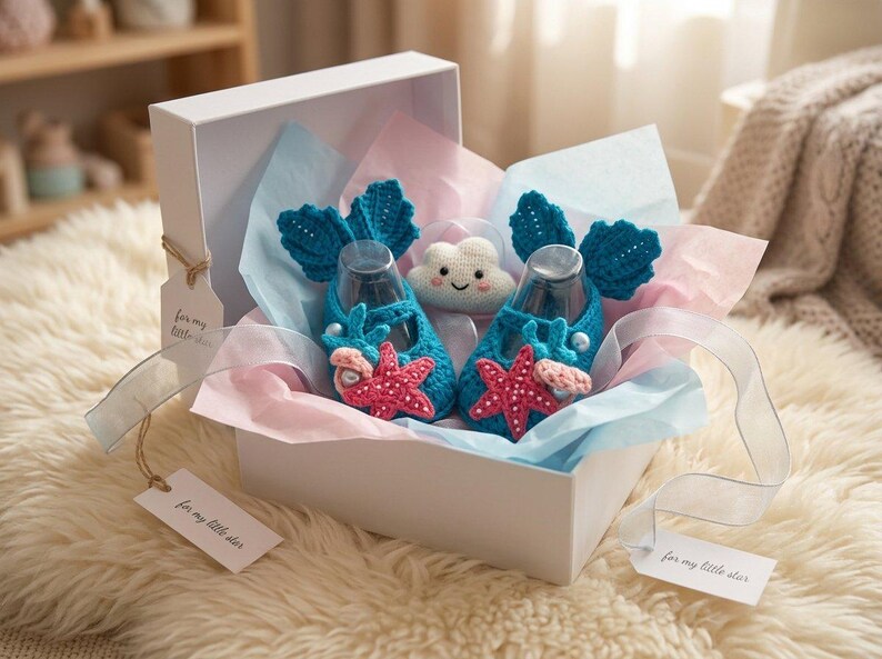 Peut inclure: Une bo&icirc;te cadeau blanche contient une paire de chaussons de b&eacute;b&eacute; bleus au crochet avec des accents d'&eacute;toiles de mer et de coquillages. Les chaussures ont des ailes bleues au crochet. Un jouet en peluche en forme de nuage souriant est pos&eacute; entre les chaussures.