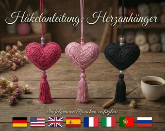 Modèle au crochet pour un pendentif cœur avec pompon – porte-clés, breloque pour sac, décoration | PDF en 7 langues