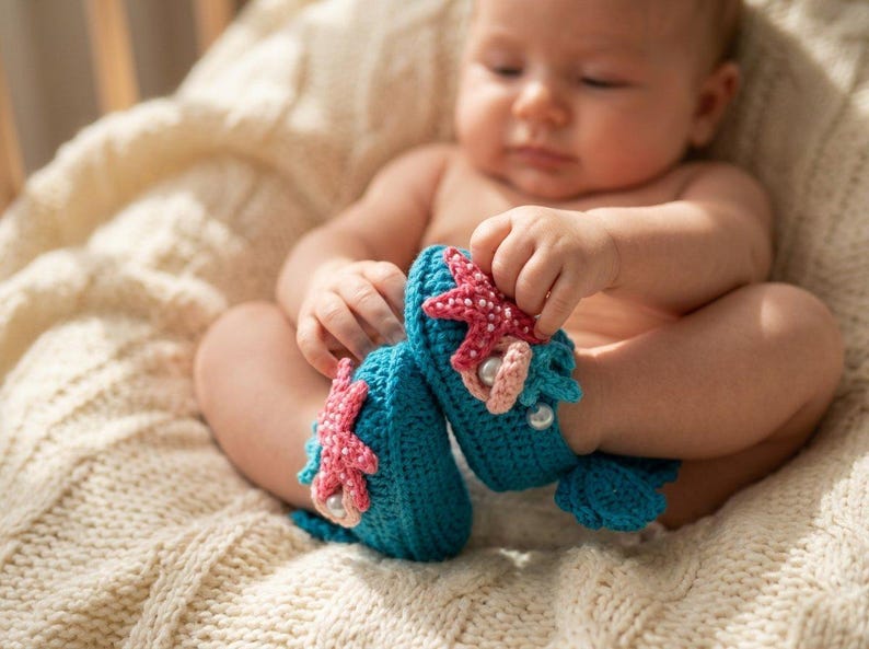 Peut inclure: Une paire de chaussons de b&eacute;b&eacute; en crochet turquoise avec des &eacute;toiles de mer roses et des perles. Les chaussons, en forme de queues de sir&egrave;ne, sont tenus par un b&eacute;b&eacute;. Le b&eacute;b&eacute; est assis sur une couverture en tricot cr&egrave;me.