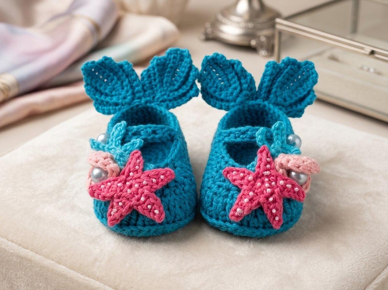 Peut inclure: Une paire de chaussons de b&eacute;b&eacute; en crochet turquoise. Chaque chausson est orn&eacute; d'une &eacute;toile de mer rose, d'un petit hippocampe bleu et d'un coquillage rose avec des perles. Les chaussons ont une forme de nageoire &agrave; l'arri&egrave;re.