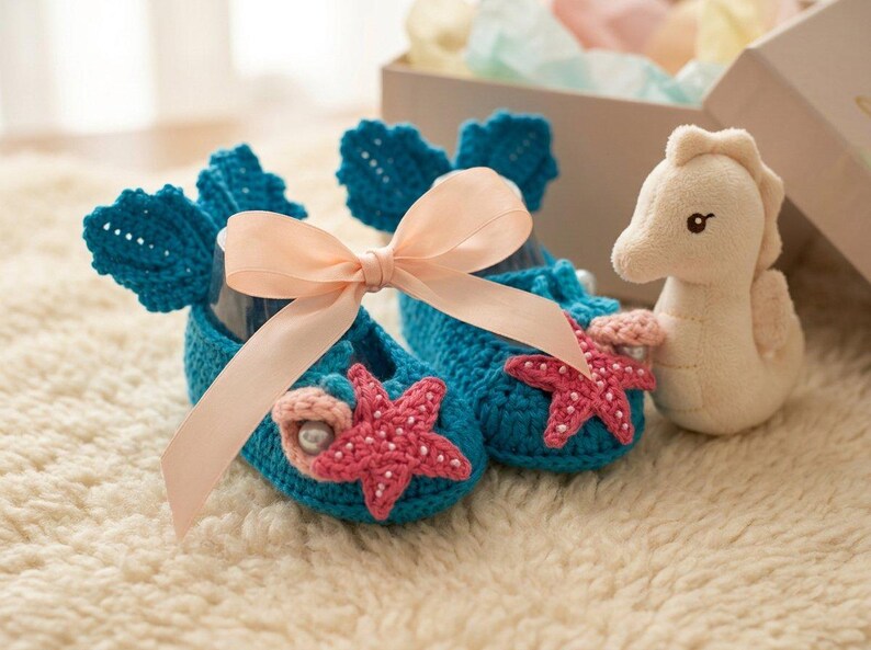 Peut inclure: Chaussons de b&eacute;b&eacute; en crochet turquoise avec des &eacute;toiles de mer roses et un n&oelig;ud en ruban p&ecirc;che. Un jouet hippocampe est &agrave; c&ocirc;t&eacute;. Les chaussons ont un motif de coquillage et sont sur un tapis cr&egrave;me.
