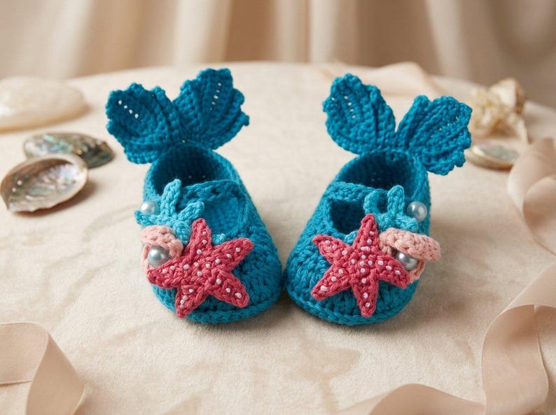 Peut inclure: Une paire de chaussons de b&eacute;b&eacute; au crochet turquoise. Chaque chausson pr&eacute;sente une &eacute;toile de mer rose, des perles et un d&eacute;tail en forme d'aileron. Ces chaussons faits &agrave; la main ont un th&egrave;me de sir&egrave;ne.