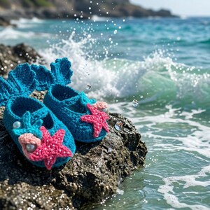Peut inclure: Une paire de chaussons de b&eacute;b&eacute; en crochet turquoise, orn&eacute;s d'&eacute;toiles de mer roses et de perles, pos&eacute;e sur un rocher pr&egrave;s de la mer. Les chaussures ont un design de queue de sir&egrave;ne. L'arri&egrave;re-plan montre des vagues.