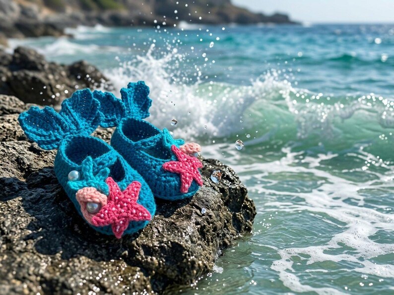 Peut inclure: Une paire de chaussons de b&eacute;b&eacute; en crochet turquoise, orn&eacute;s d'&eacute;toiles de mer roses et de perles, pos&eacute;e sur un rocher pr&egrave;s de la mer. Les chaussures ont un design de queue de sir&egrave;ne. L'arri&egrave;re-plan montre des vagues.