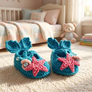 Peut inclure: Une paire de chaussons de b&eacute;b&eacute; en crochet turquoise avec des &eacute;toiles de mer et des perles. Les chaussons ont un design de queue de sir&egrave;ne &agrave; l'arri&egrave;re. Les chaussons sont pos&eacute;s sur un tapis blanc.