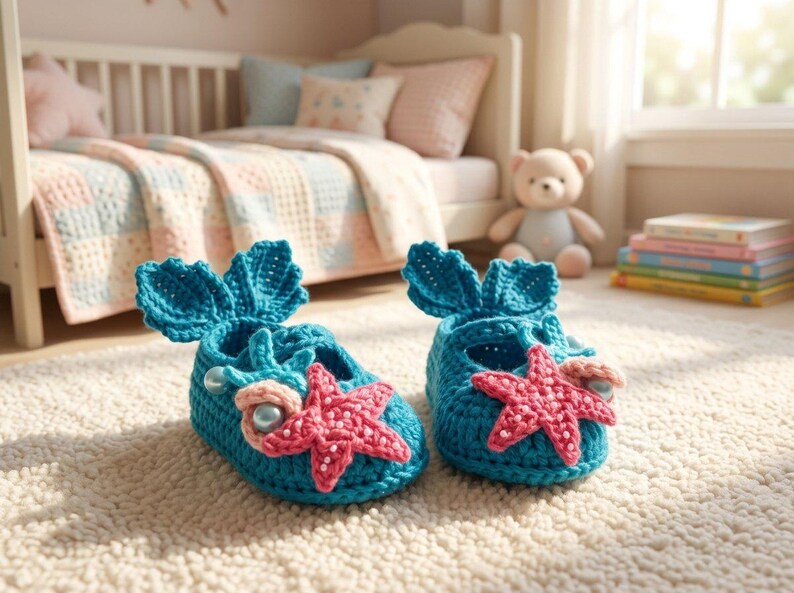 Peut inclure: Une paire de chaussons de b&eacute;b&eacute; en crochet turquoise avec des &eacute;toiles de mer et des perles. Les chaussons ont un design de queue de sir&egrave;ne &agrave; l'arri&egrave;re. Les chaussons sont pos&eacute;s sur un tapis blanc.