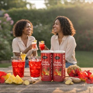 K&ouml;nnte beinhalten: Zwei Frauen genie&szlig;en rote Getr&auml;nke in Gl&auml;sern, garniert mit Ananas. Auf einem Holztisch stehen zwei Dosen Zobo Sparkle, dazu frische Ananas, Ingwer und rote Hibiskusbl&uuml;ten. Die Szene spielt sich im Freien ab.