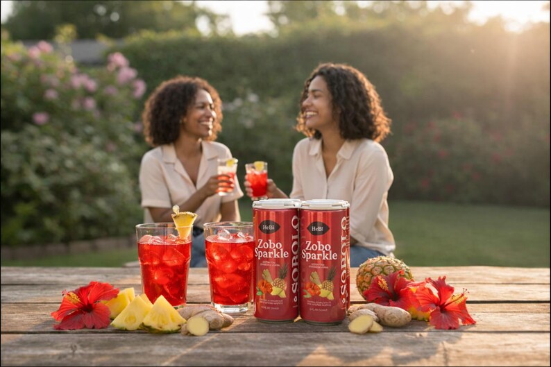 K&ouml;nnte beinhalten: Zwei Frauen genie&szlig;en rote Getr&auml;nke in Gl&auml;sern, garniert mit Ananas. Auf einem Holztisch stehen zwei Dosen Zobo Sparkle, dazu frische Ananas, Ingwer und rote Hibiskusbl&uuml;ten. Die Szene spielt sich im Freien ab.