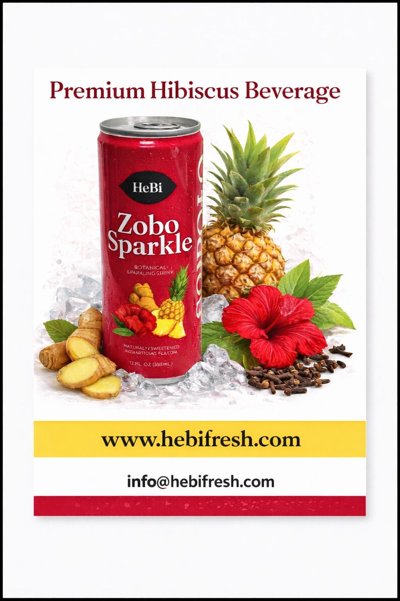 K&ouml;nnte beinhalten: Eine rote Dose Zobo Sparkle-Getr&auml;nk mit Ananas, Hibiskusbl&uuml;te und Ingwerscheiben. Die Dose hat 355 ml. Die Website www.hebifresh.com ist abgebildet.
