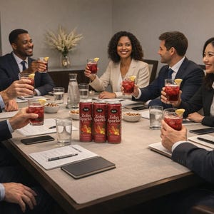 K&ouml;nnte beinhalten: Eine Gruppe von Personen in Business-Kleidung prostet mit Gl&auml;sern eines roten Getr&auml;nks mit Zitronenscheiben. Auf dem Tisch stehen drei Dosen Zoba Sparkle. Die Szene spielt in einem gut beleuchteten Raum mit neutralen Farben.