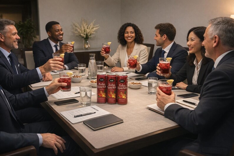 K&ouml;nnte beinhalten: Eine Gruppe von Personen in Business-Kleidung prostet mit Gl&auml;sern eines roten Getr&auml;nks mit Zitronenscheiben. Auf dem Tisch stehen drei Dosen Zoba Sparkle. Die Szene spielt in einem gut beleuchteten Raum mit neutralen Farben.