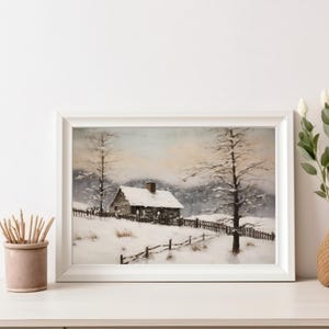 Peaceful Winter Cabin in Snowy Landscape Print | Cozy Rustic Winter Wall Art