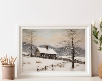 Peaceful Winter Cabin in Snowy Landscape Print | Cozy Rustic Winter Wall Art