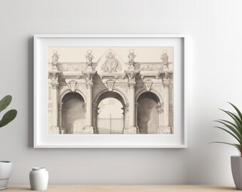 Dibujo de arquitectura clásica / Arte mural con arcos y columnas elegantes / Impresión arquitectónica en blanco y negro