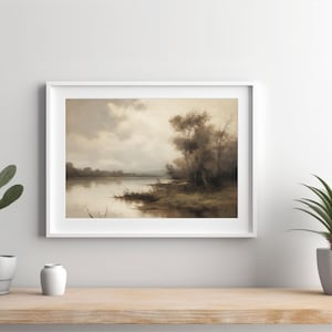 Impresión artística de paisaje sereno, pintura de paisaje, arte de pared de naturaleza tranquila, decoración del hogar con paisaje neutro, póster de paisaje pacífico