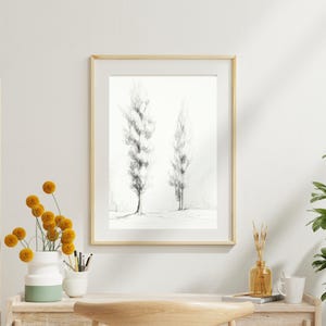 Minimalistische Bleistiftskizze als Kunstdruck - Zwei Handgezeichnete Bäume, Monochrome Natur Wandkunst für das Moderne Home Dekor