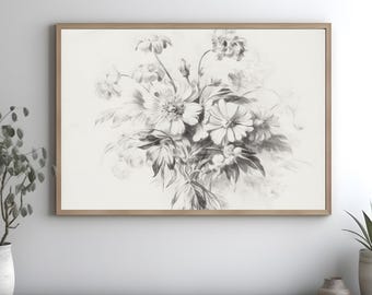 Vintage Bleistiftskizze Blumendruck - Handgezeichnete schwarzweiße Blumenkunst für das Heimdekor