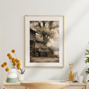 Charmanter Vintage Holzwagen mit Blumen Kunstdruck - Rustikale Blumenlandschaft