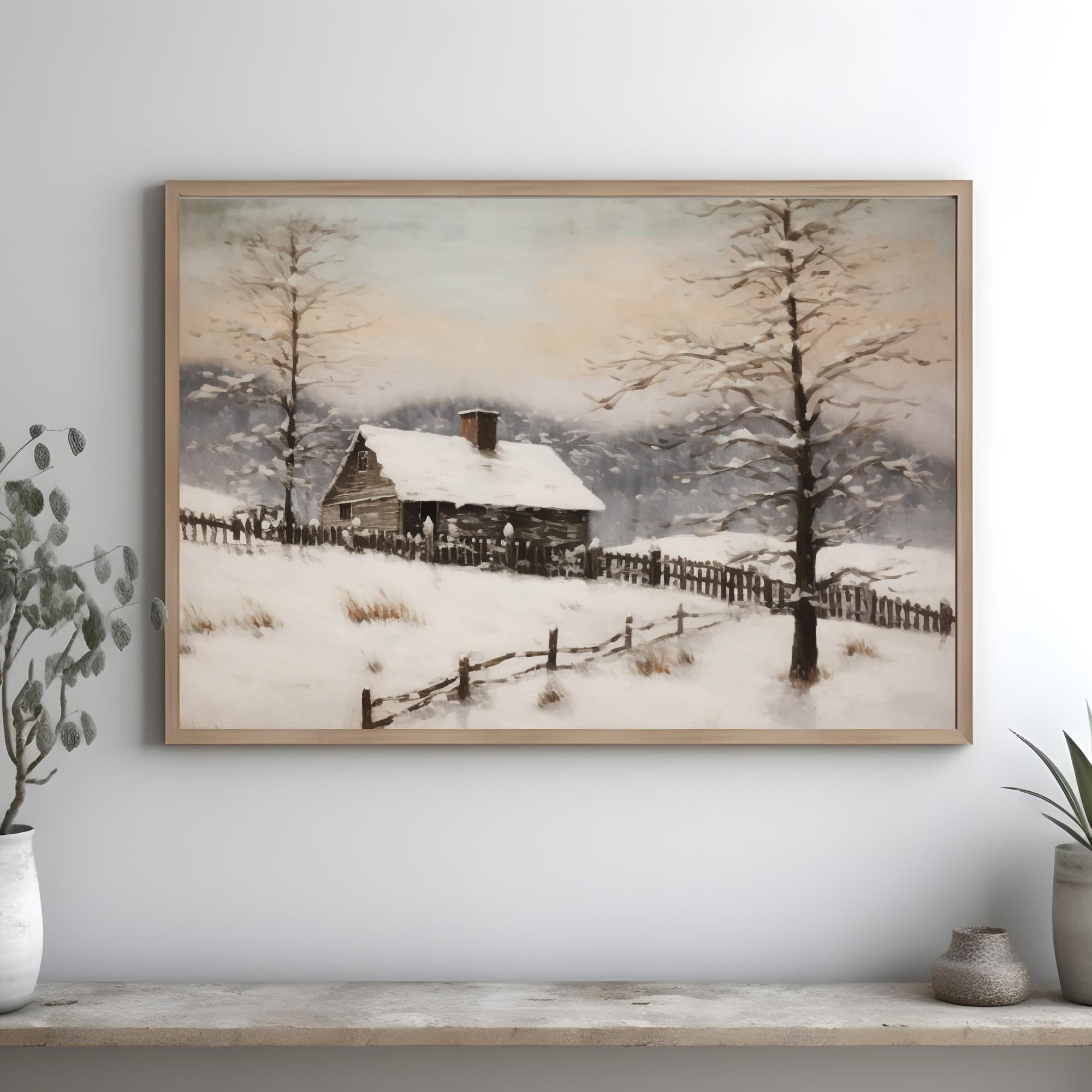 Peaceful Winter Cabin in Snowy Landscape Print | Cozy Rustic Winter ...