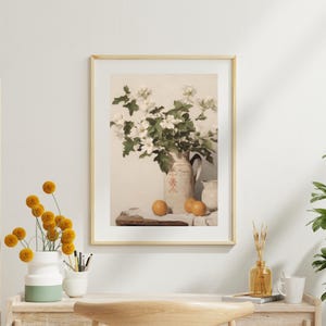 Vintage Floral Still Life Art Print | White Flowers with Oranges | Cottagecore Wall Art | Rustic Flower Vase Painting